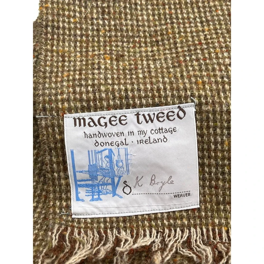Magee Tweed Scarf Handwoven Donegal Ireland Green Brown Wool Fringed K Boyle